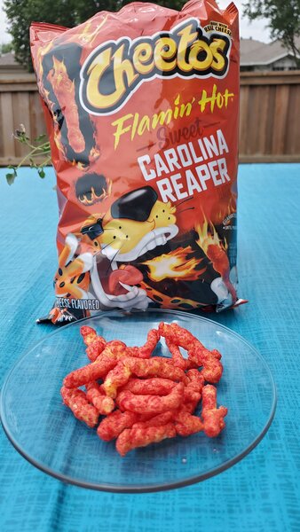 Cheetos flaming hot sweet, Carolina rapper in a plate